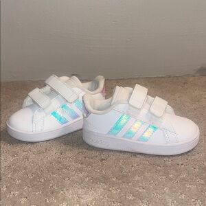 Adidas Kids White Sneakers with Holographic Stripes